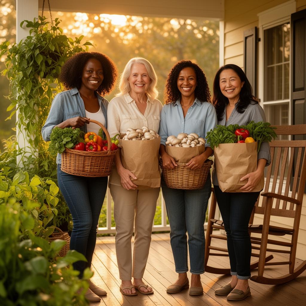 Neighbors picking up local food together